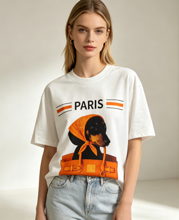 FA034 Lune de Moon Dachshund Orange Bag Tee 包裡有隻小臘腸