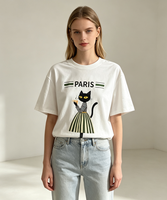 FA031 Lune de Moon Striped Lady Cat Graphic Tee 喵星人的茶會