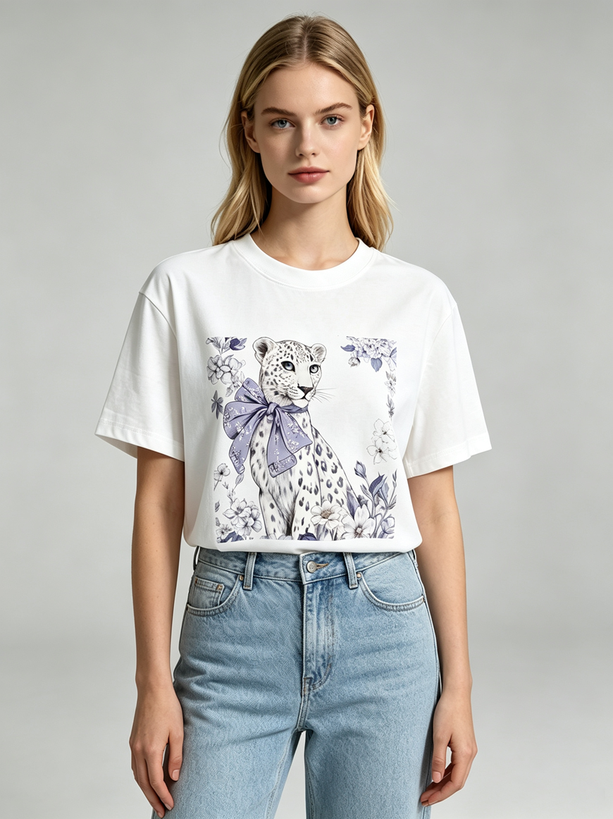 FA024 Lune de Moon Lavender Bow Floral Snow Leopard Tee 優雅豹款