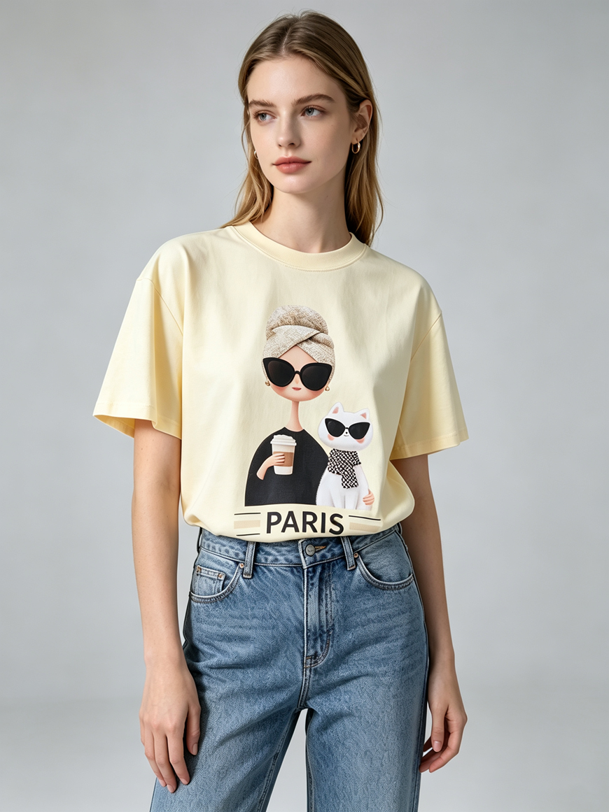 FA021 Lune de Moon Chic Girl Coffee Sunglass Cat Tee 黑超女孩與貓貓款