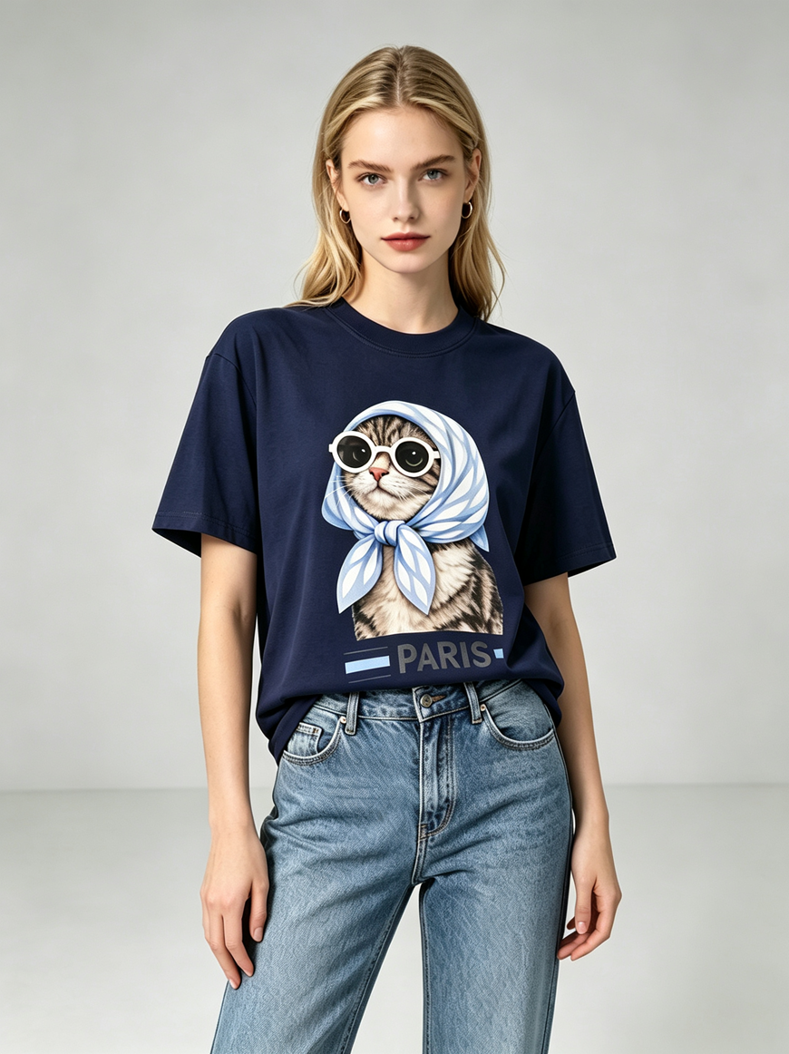 FA020 Lune de Moon Blue Bandana Cat Tee 頭巾貓貓款（深藍）