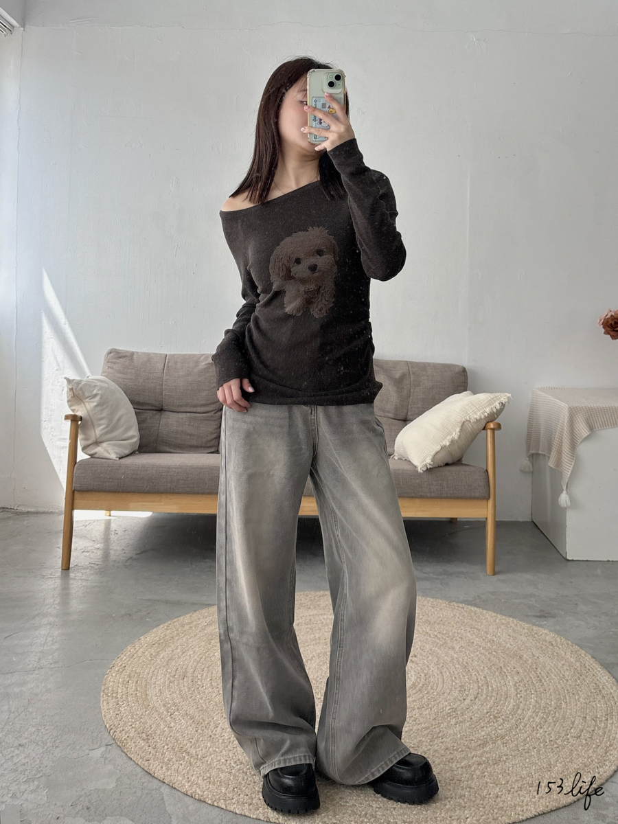 淺灰牛仔刷色落地寬褲(S-XL)