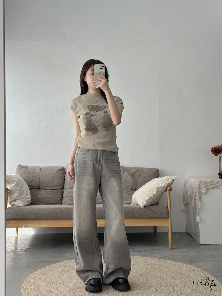 淺灰牛仔刷色落地寬褲(S-XL)
