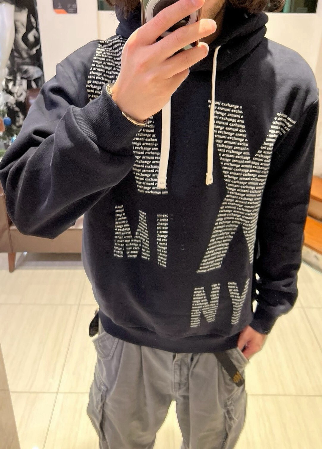 Armani Exchange 胸前AX大面積英字刷毛連帽T