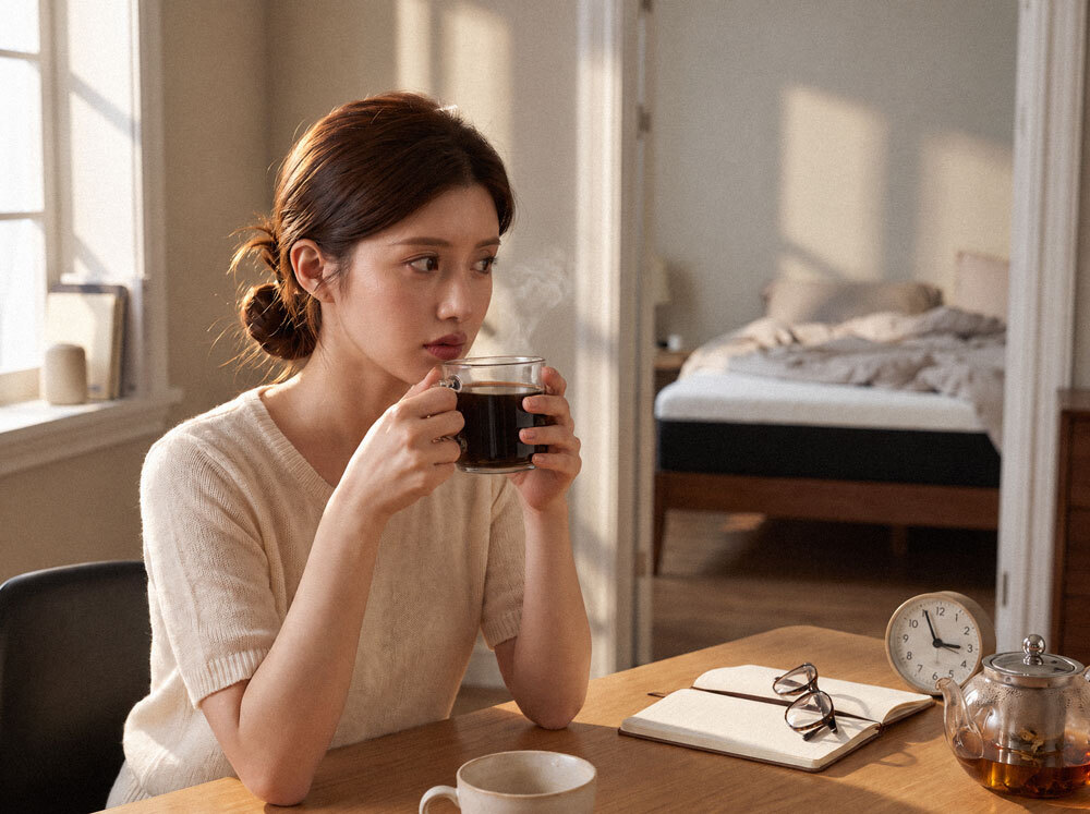 女性午間休息_坐桌前喝咖啡