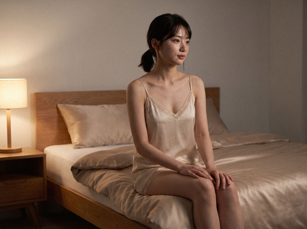夜晚臥室_女性無法入眠坐於床邊_左側床頭燈暖光