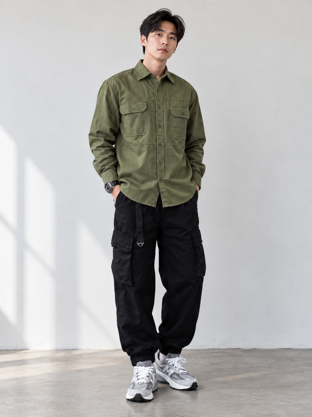 軍綠雙口袋工裝襯衫搭配黑色工裝寬褲
