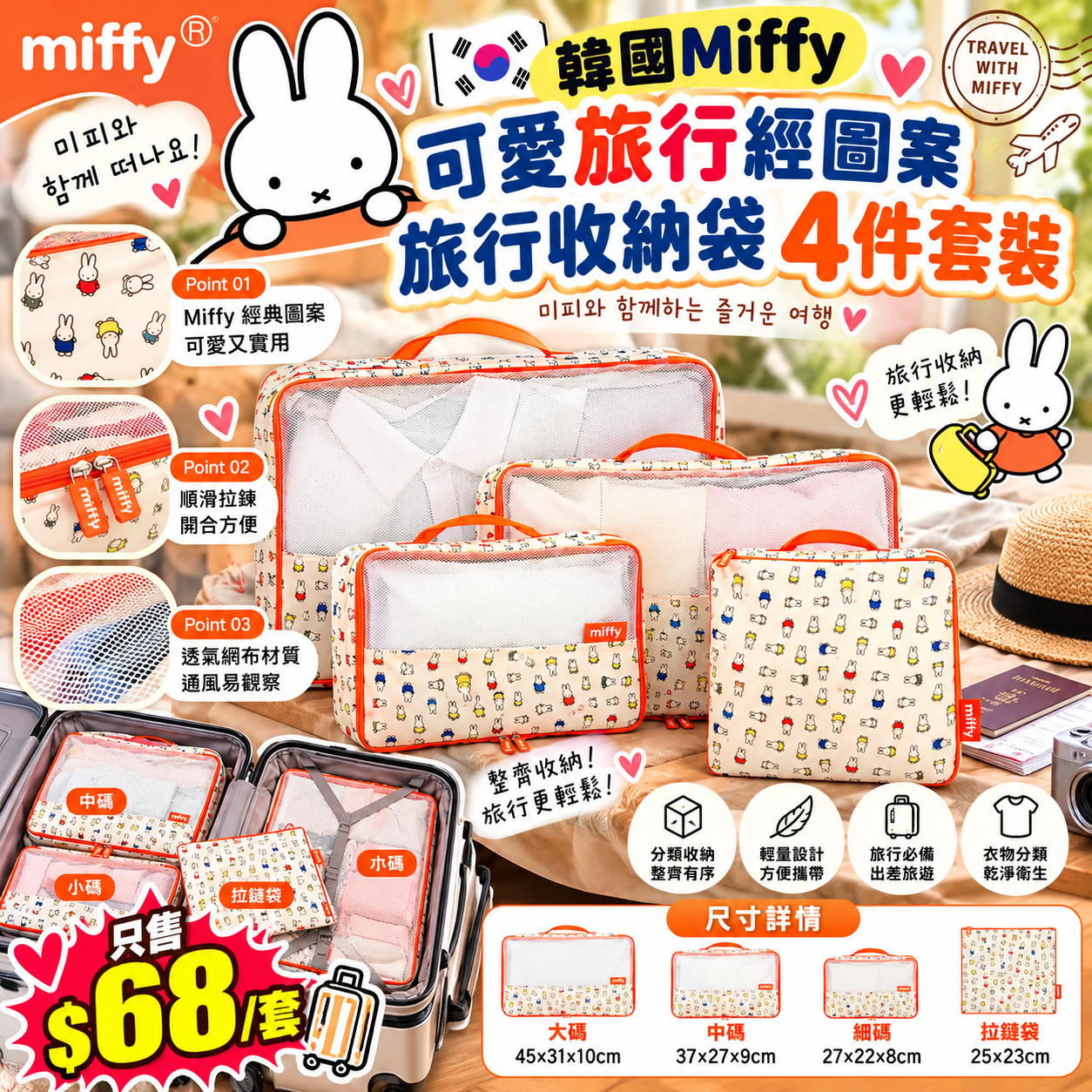 【UB10290】韓國Miffy可愛旅行經圖案旅行收納袋4件套
