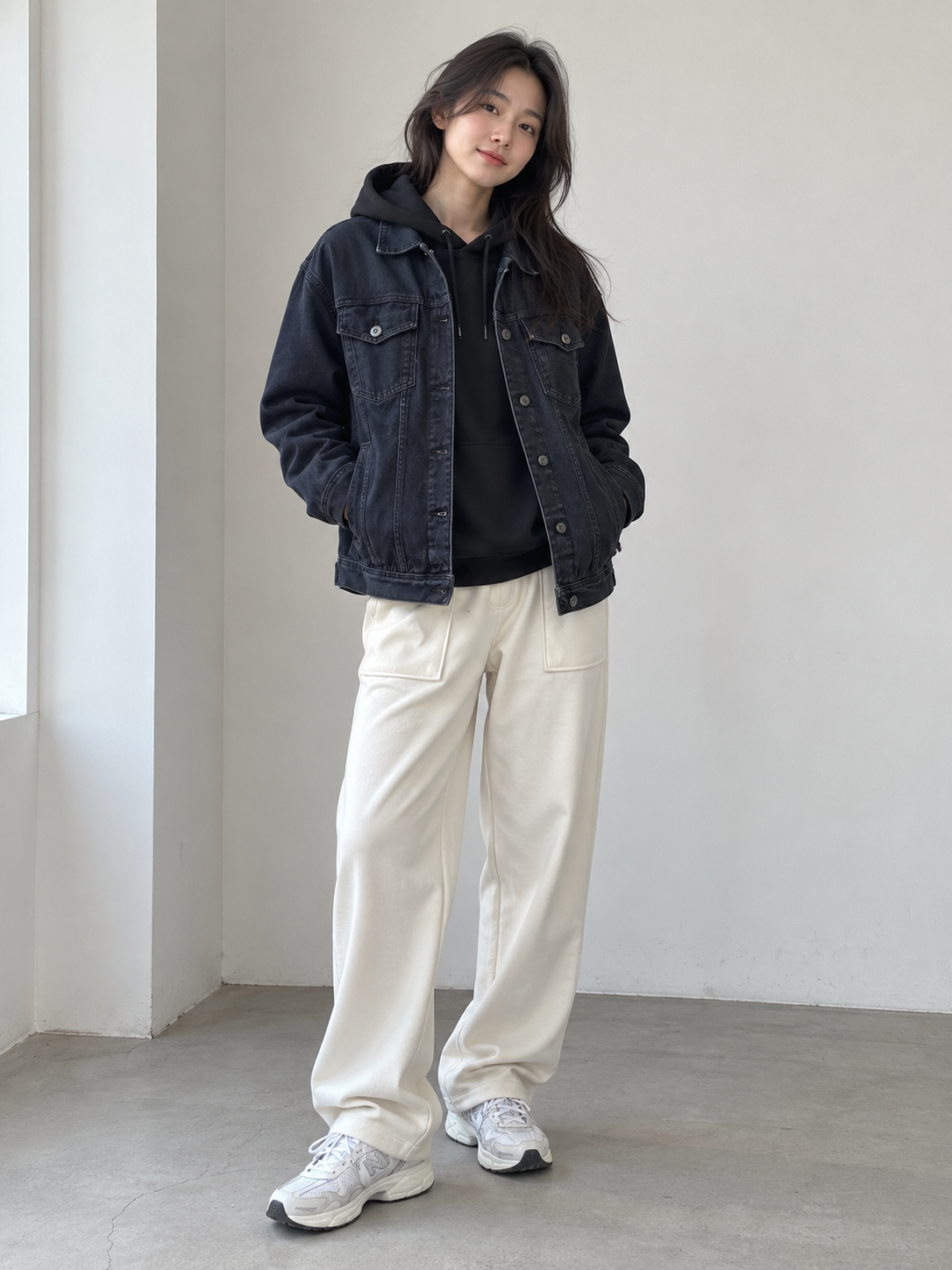 女生黑色帽T外搭深色牛仔外套與米白色寬褲