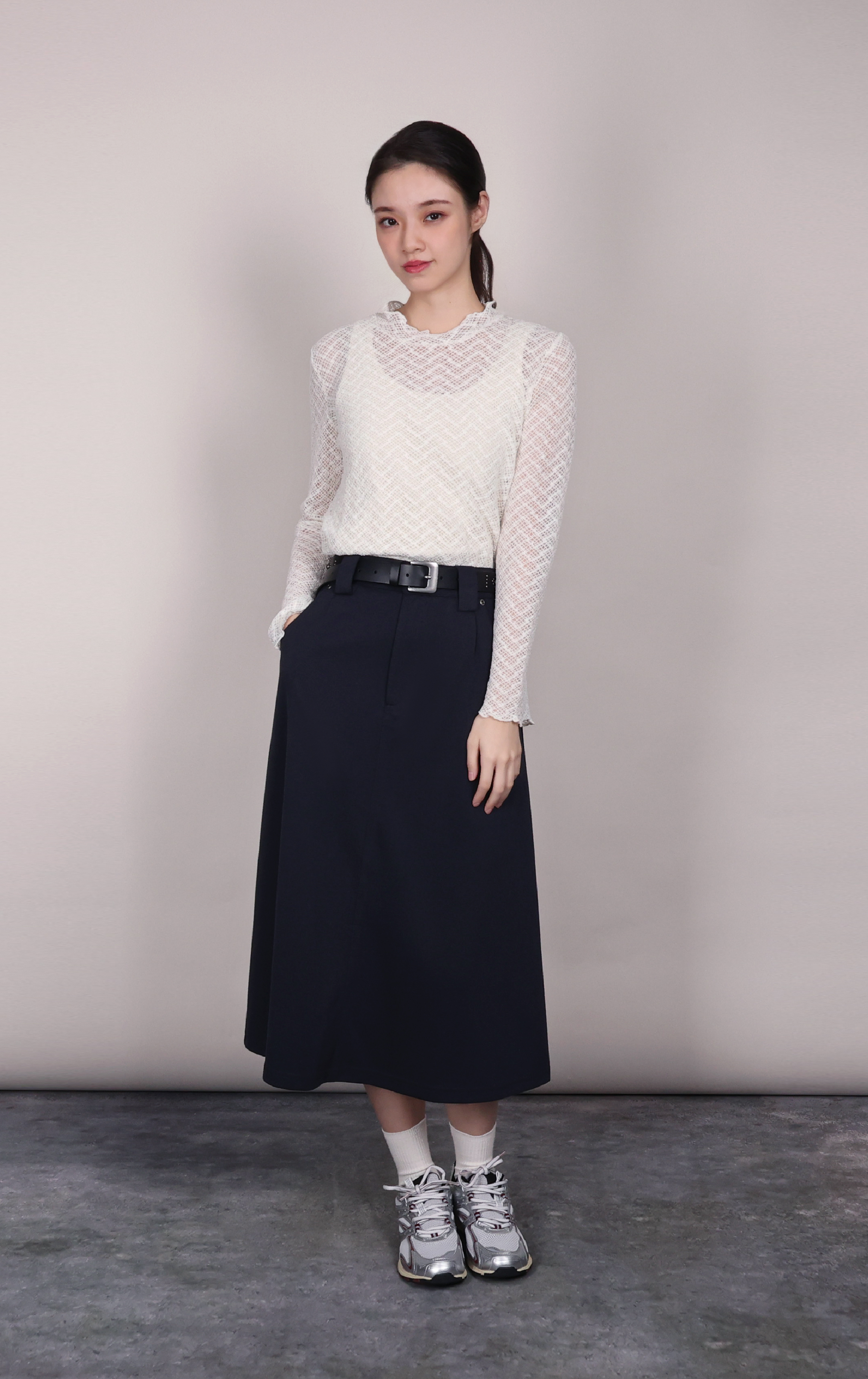 Geometric Eyelet Frill Neck Semi-Sheer Top TS0234