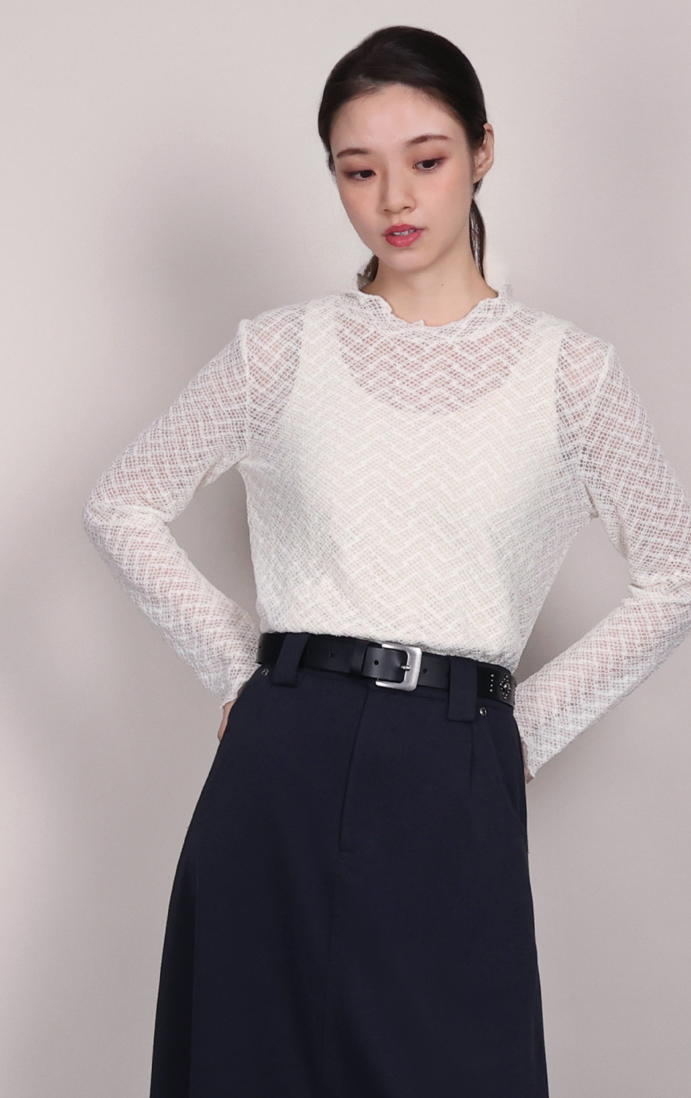 Geometric Eyelet Frill Neck Semi-Sheer Top TS0234