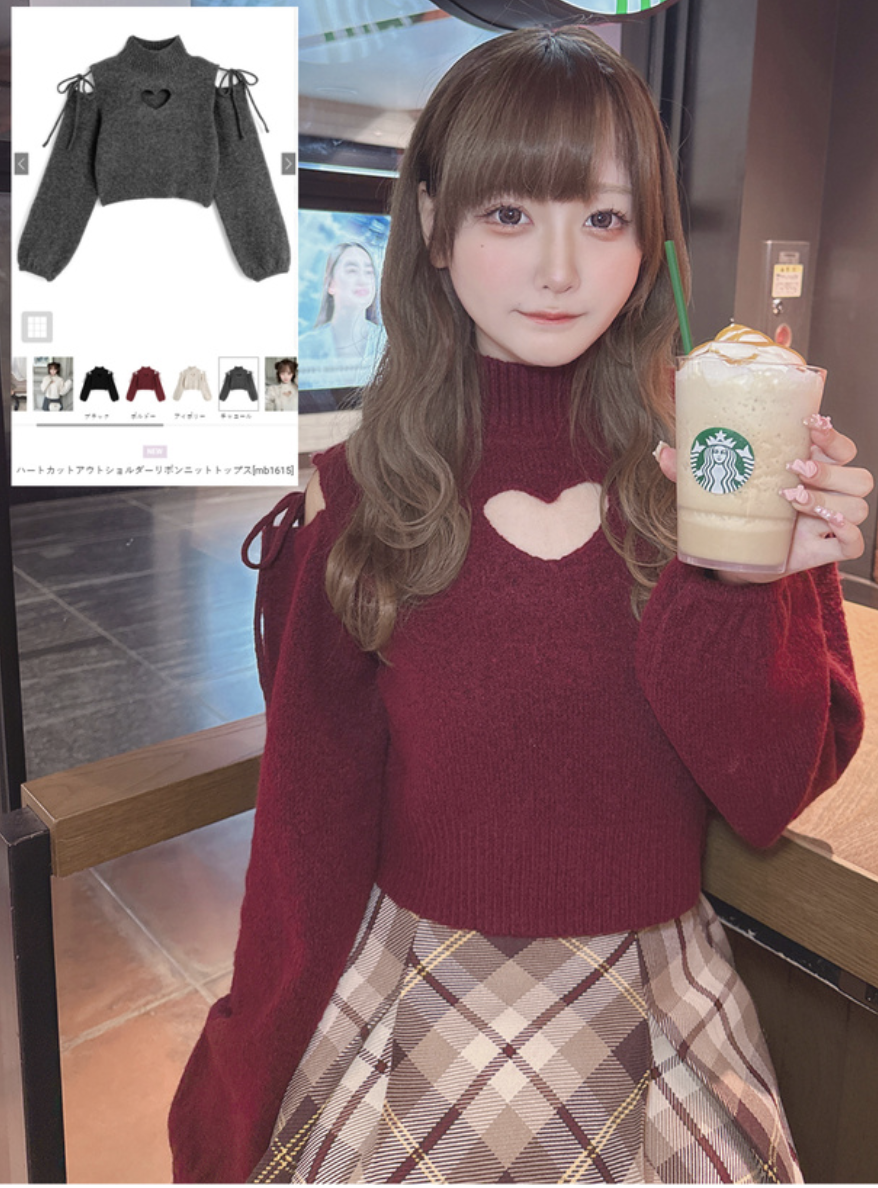 JP1311｜小性感心心中空樽領露肩綁帶針織毛衣🍷💋ྀིྀི ꒱༘‧