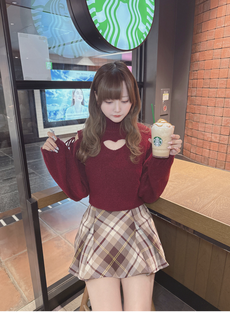 JP1311｜小性感心心中空樽領露肩綁帶針織毛衣🍷💋ྀིྀི ꒱༘‧