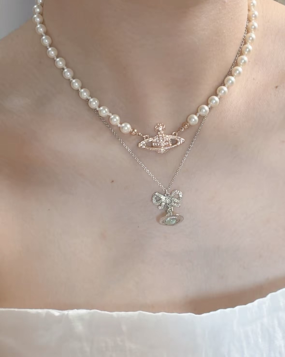 Vivienne Westwood 西太后 Qctavie 土星 蝴蝶結 淺草綠 星球 銀色 項鍊