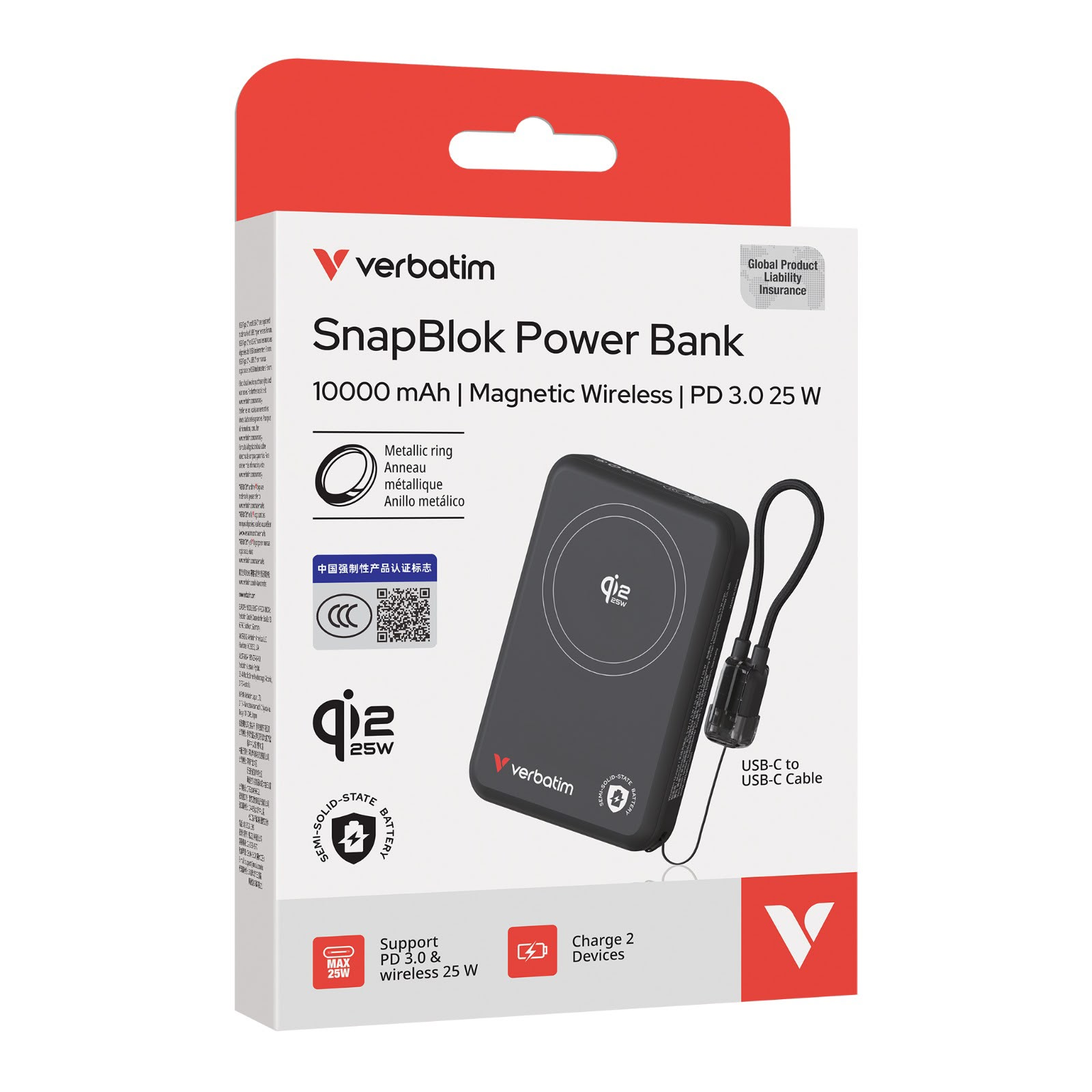 Verbatim (3C+QrCode) SnapBlok 10000mAh Qi2.2 半固態磁吸式無線行動電源 - (67069-Black / 67070-Purple)
