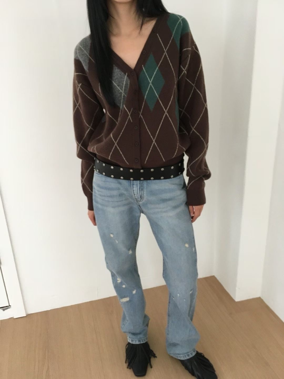 拚色菱格開釦羊毛衫