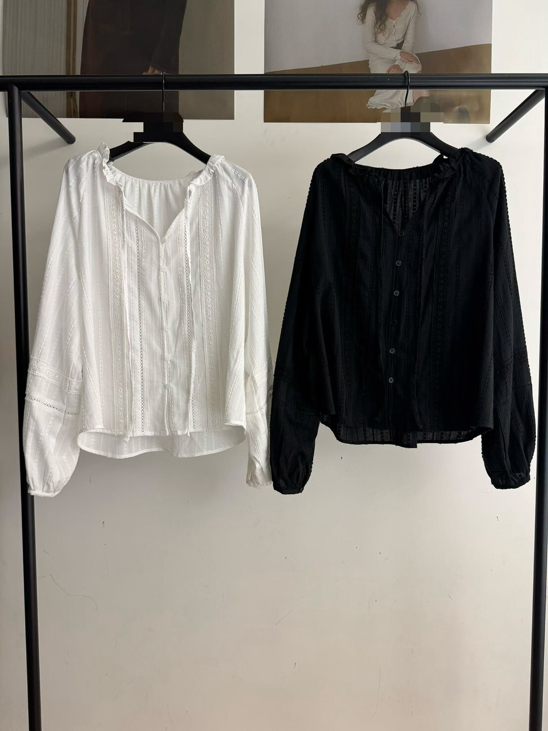 開V綁帶緹花布襯衫