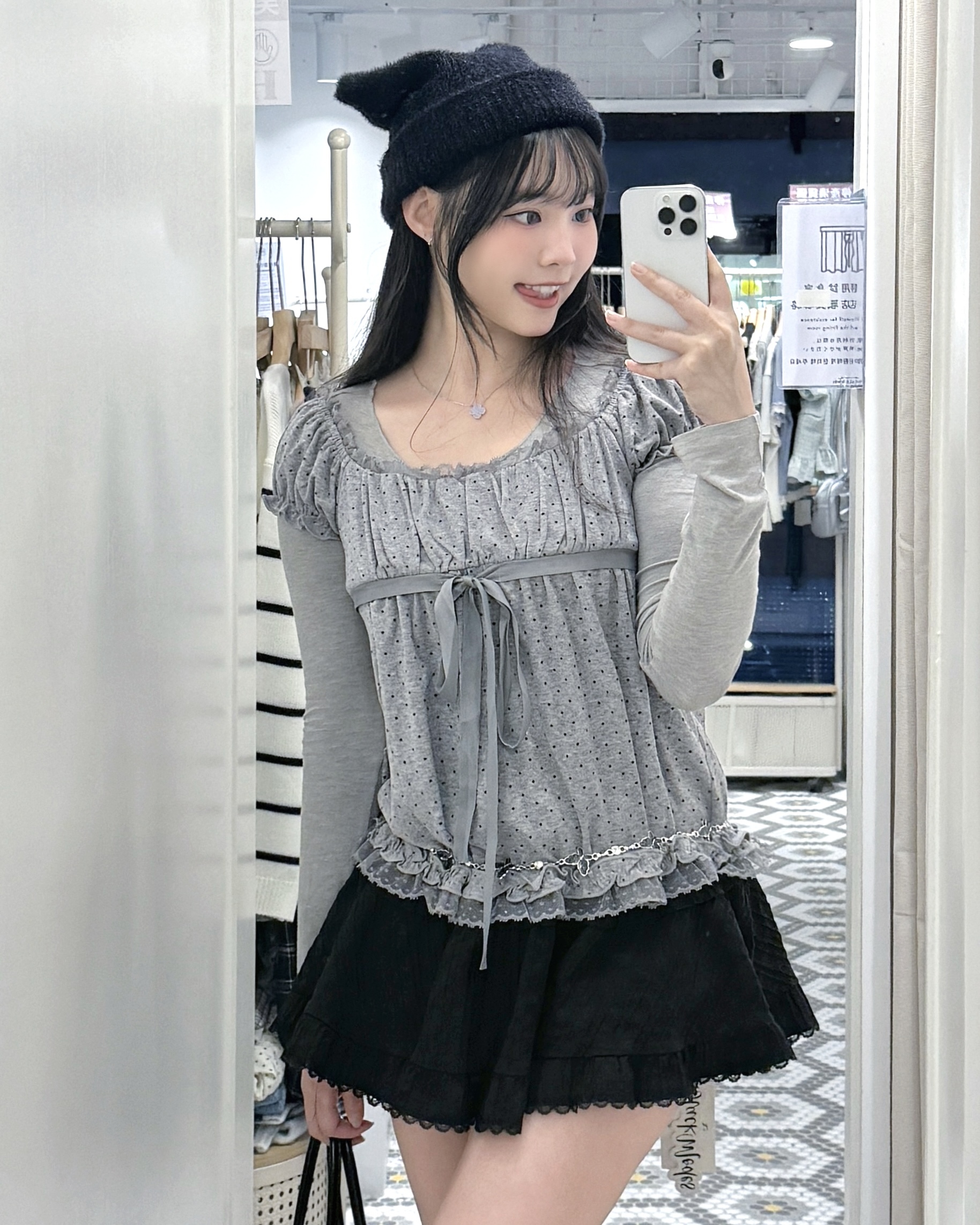 S0300｜暗黑感U領波點花邊綁帶背心外搭連內搭長袖上衣SET🕸️๋࣭ ⭑