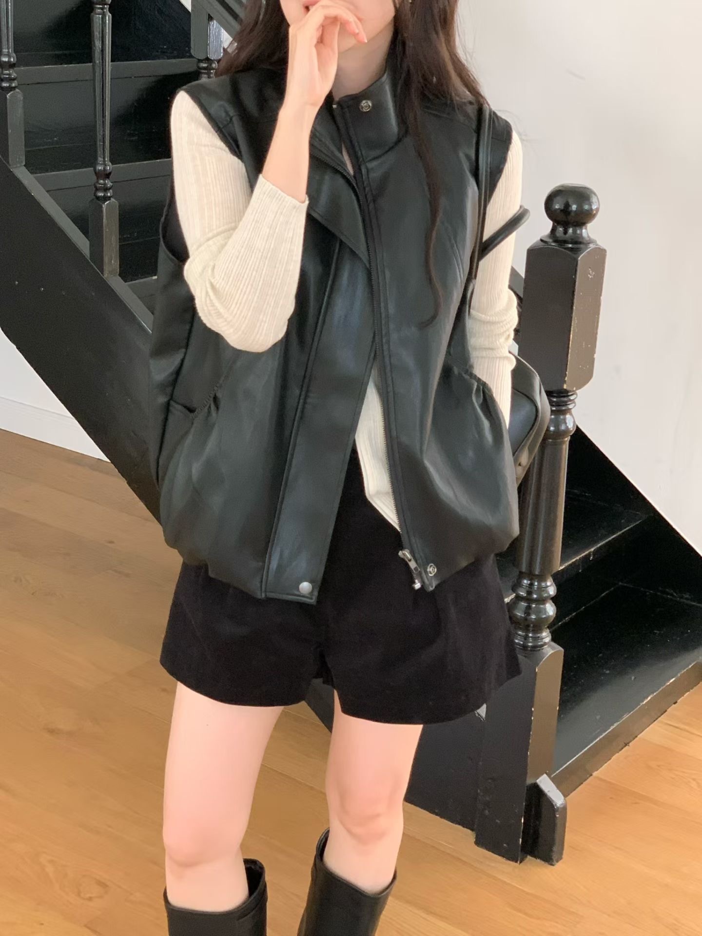 黑色皮泡泡馬甲夾克