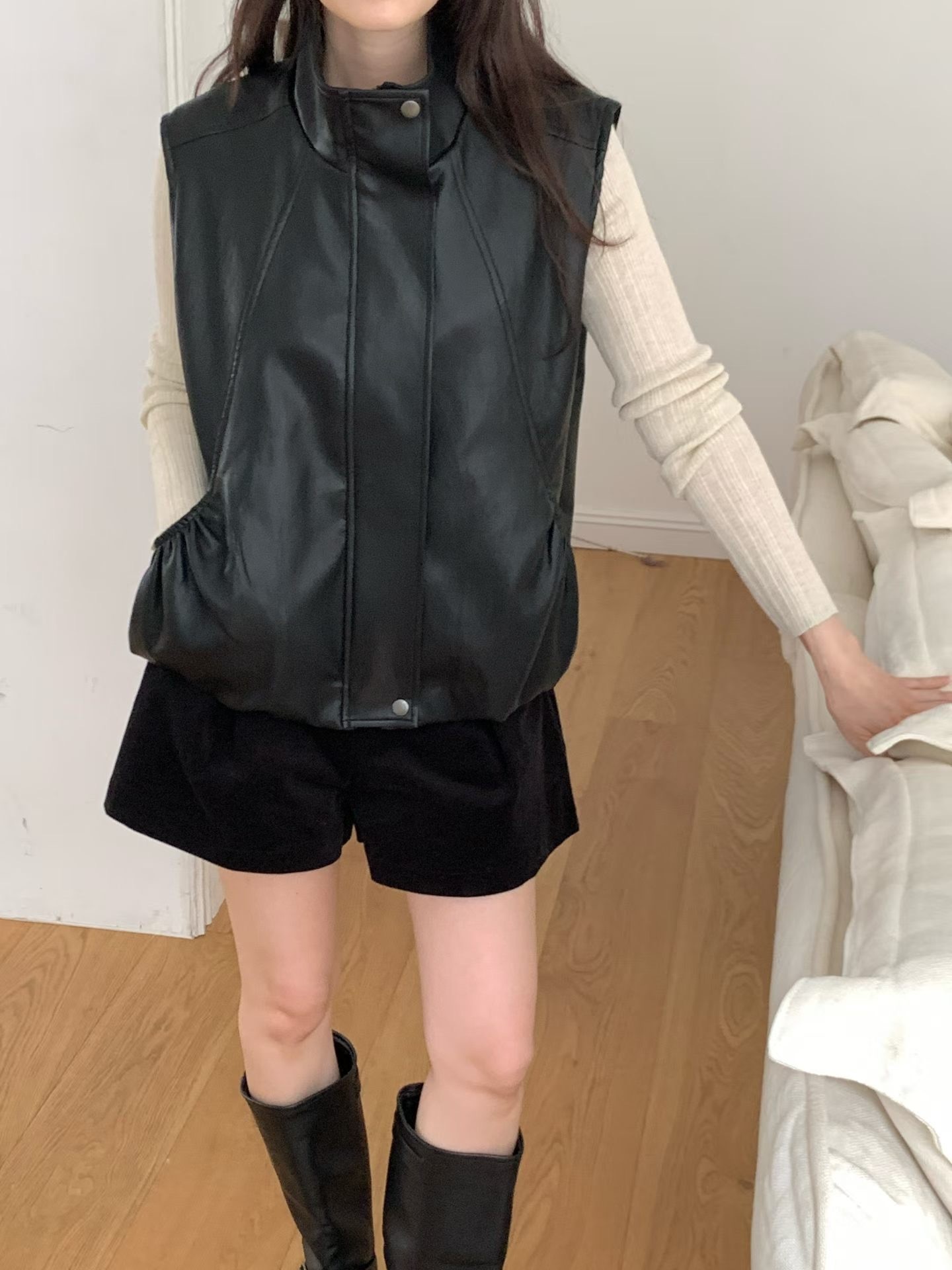 黑色皮泡泡馬甲夾克