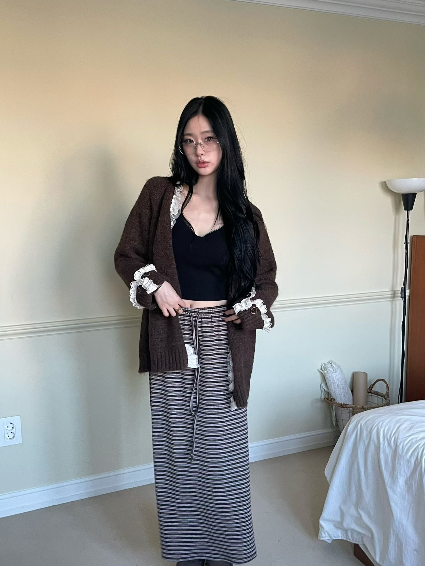 綁帶條紋長裙