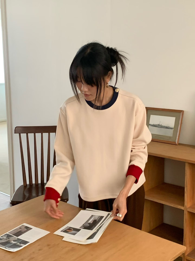 簡單也很有品味★撞色滾邊質感長袖上衣