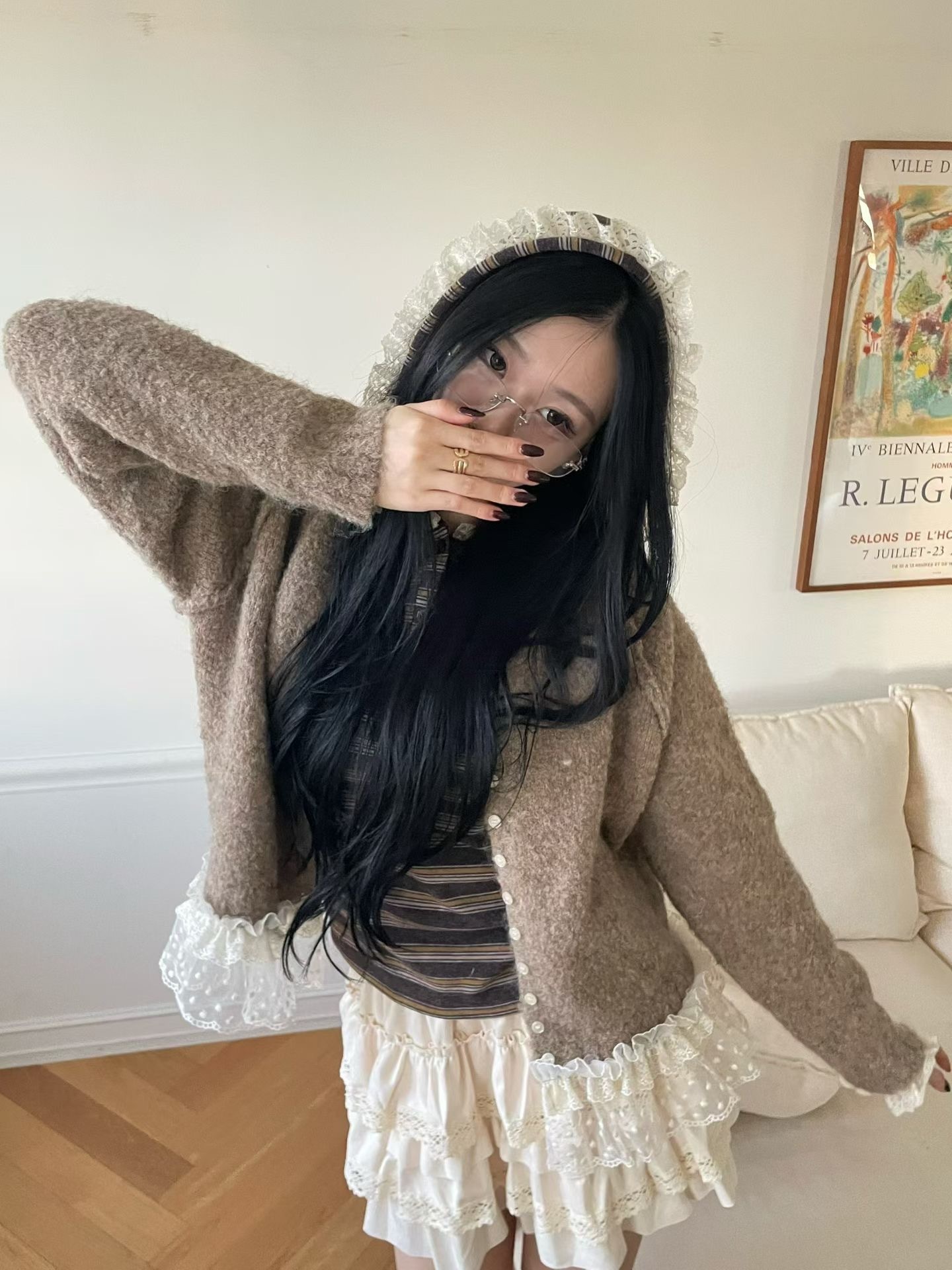 蛋糕蕾絲襬背小花針織外套