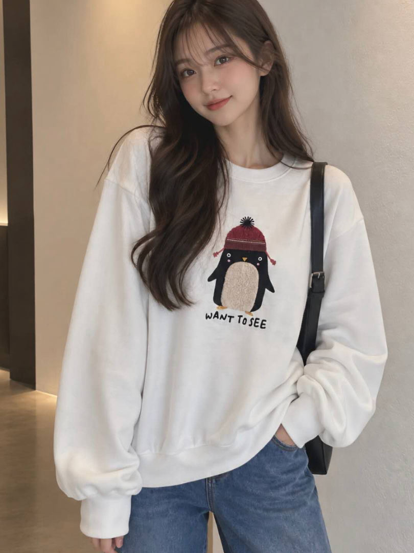 簡約圓領舒服款★企鵝插畫百搭休閒大學T