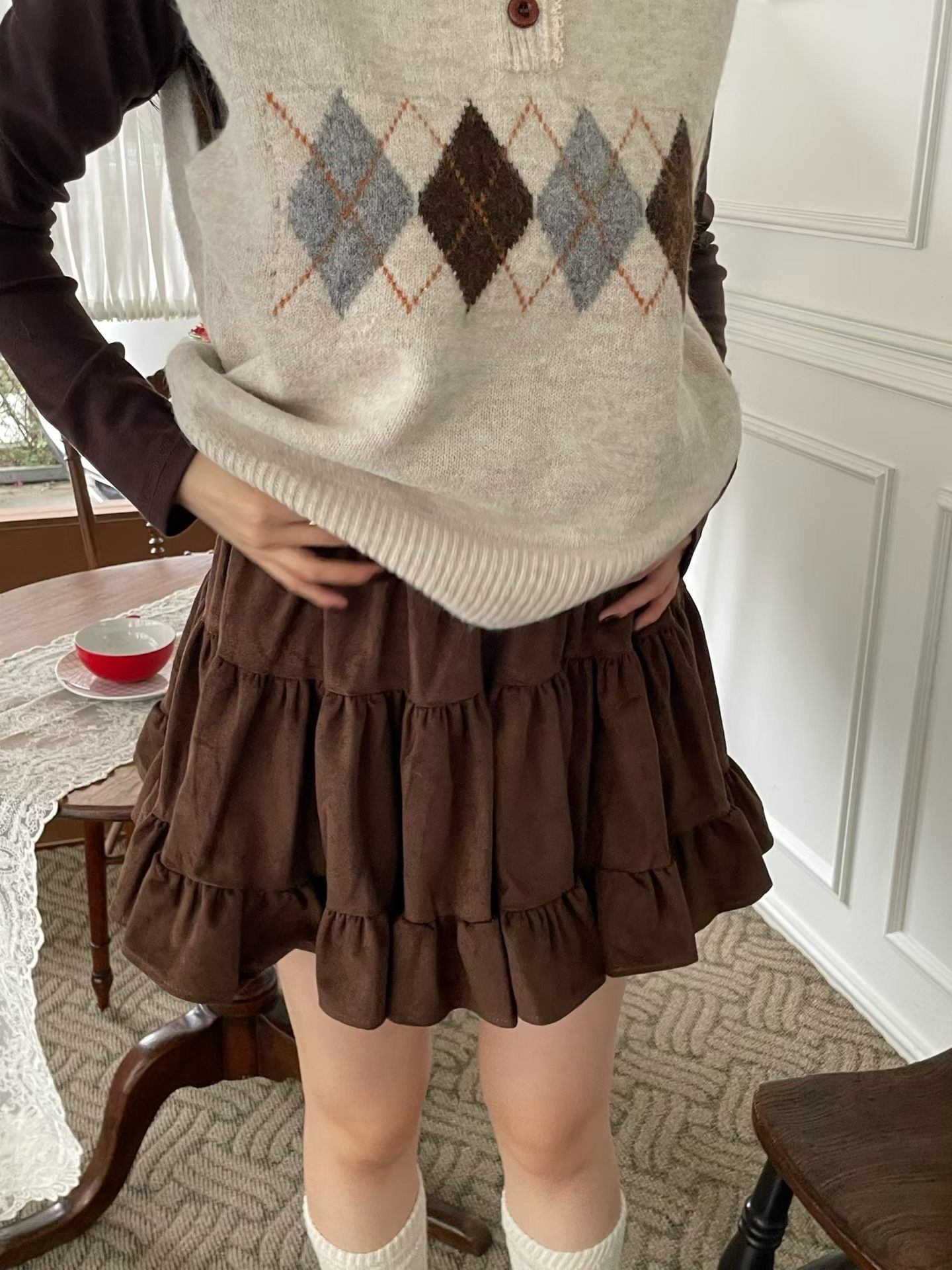 鬆緊A字絨面裙