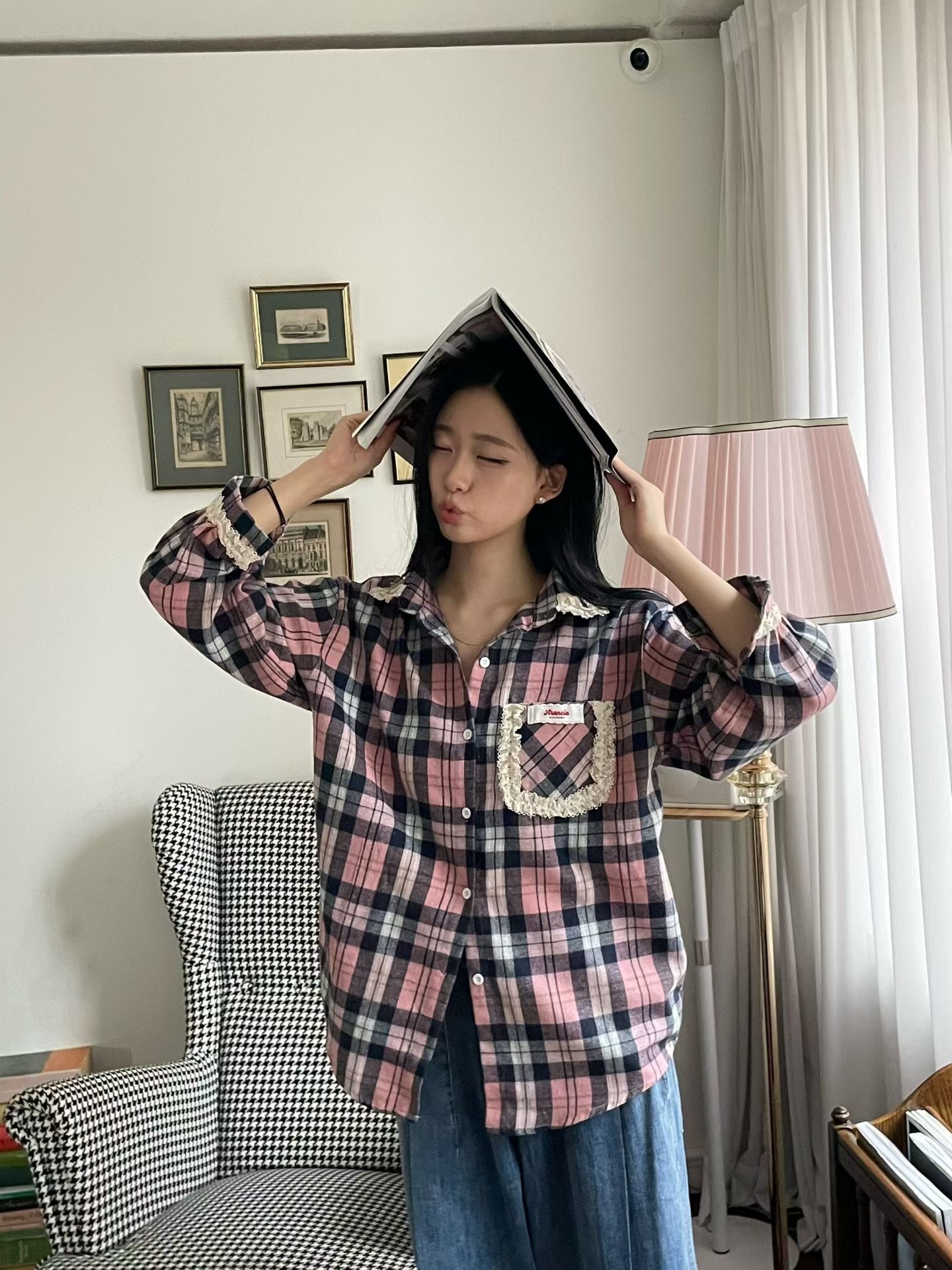 荷葉單口袋格子襯衫