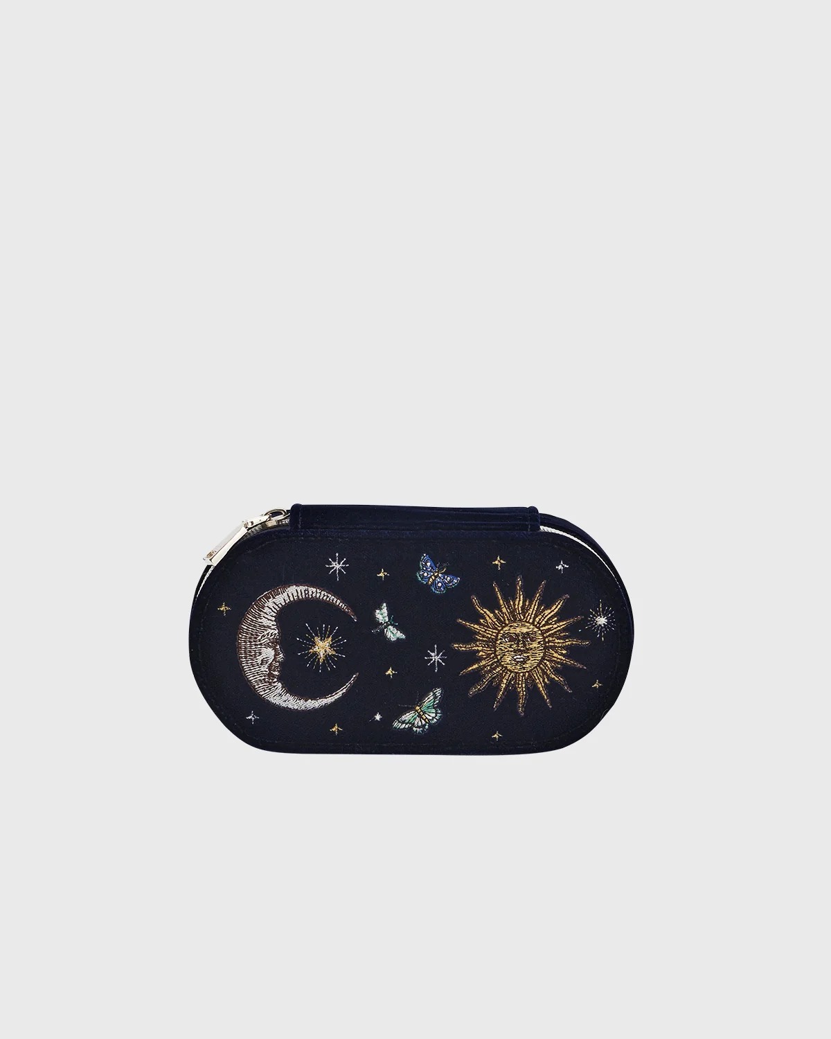 英國代購 FABLE ENGLAND Night Sky Embroidered Oval Jewellery Box in Navy Velvet 47552