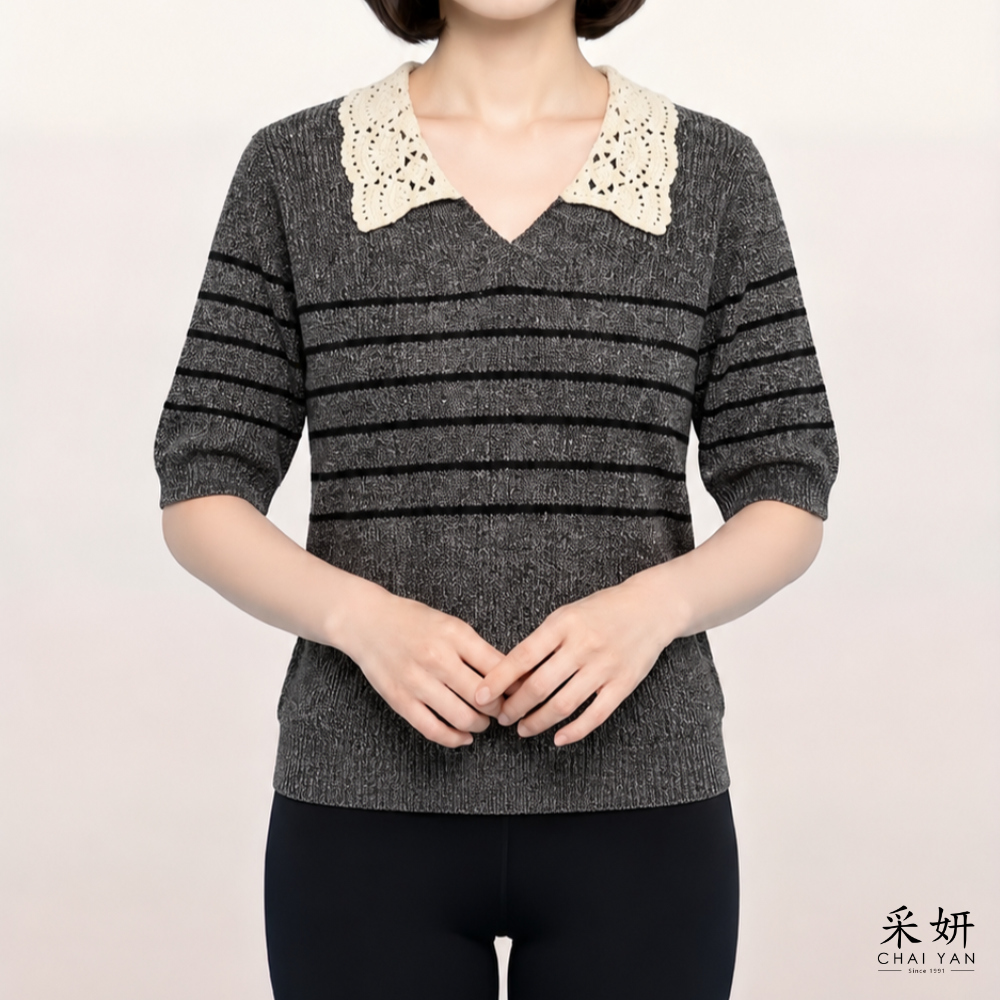 亮片橫條粗針織短袖上衣