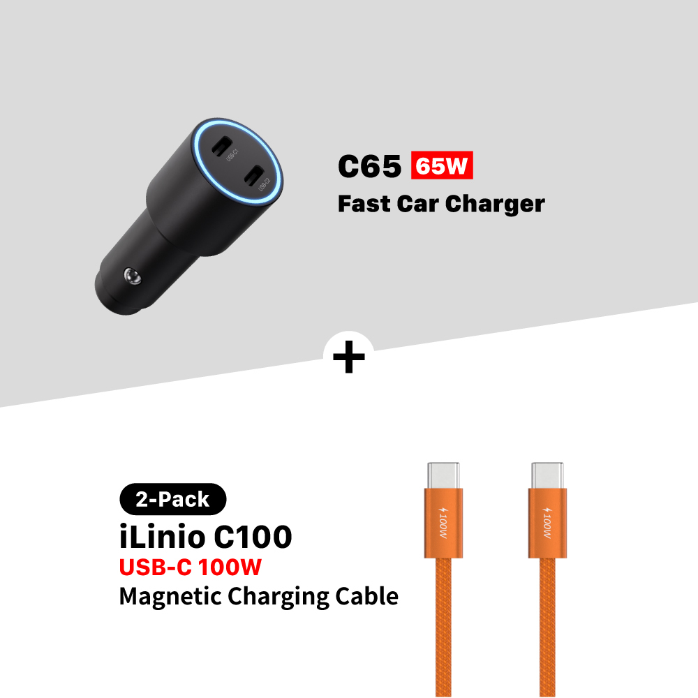 C65 65W Fast Car Charger + iLinio C100 USB-C to USB-C 100W Magnetic Charging Cable (2-Pack)