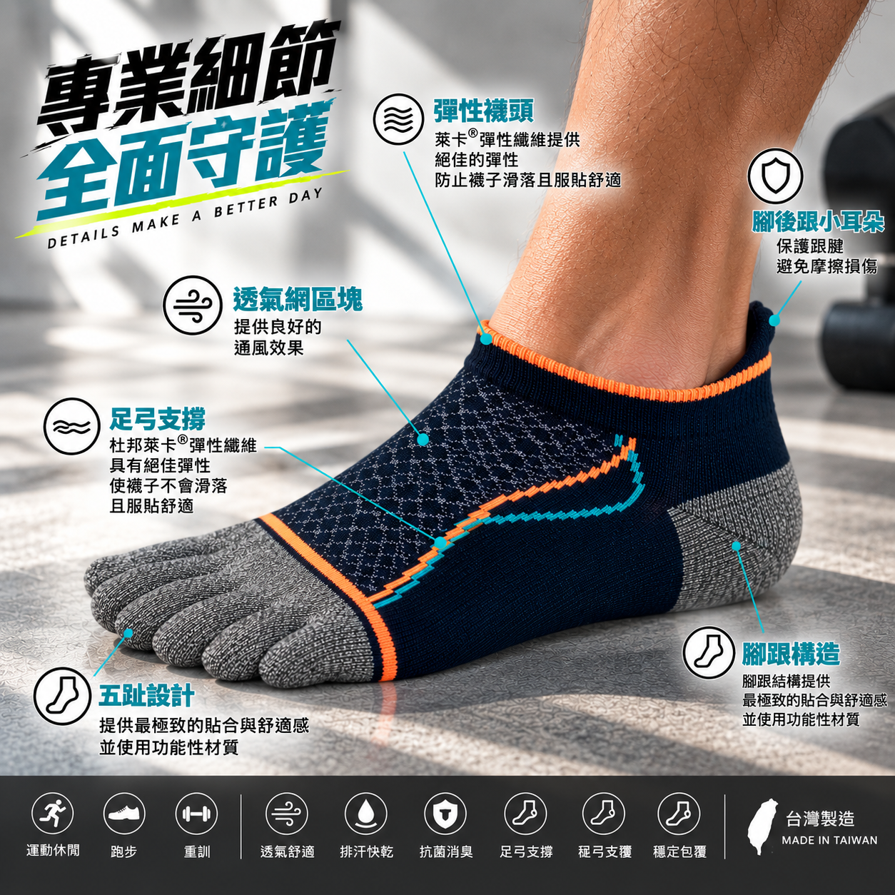 《DKGP1890》【兩雙組】優越曲線-快乾抗菌消臭 五趾短襪 運動休閒 台灣製造