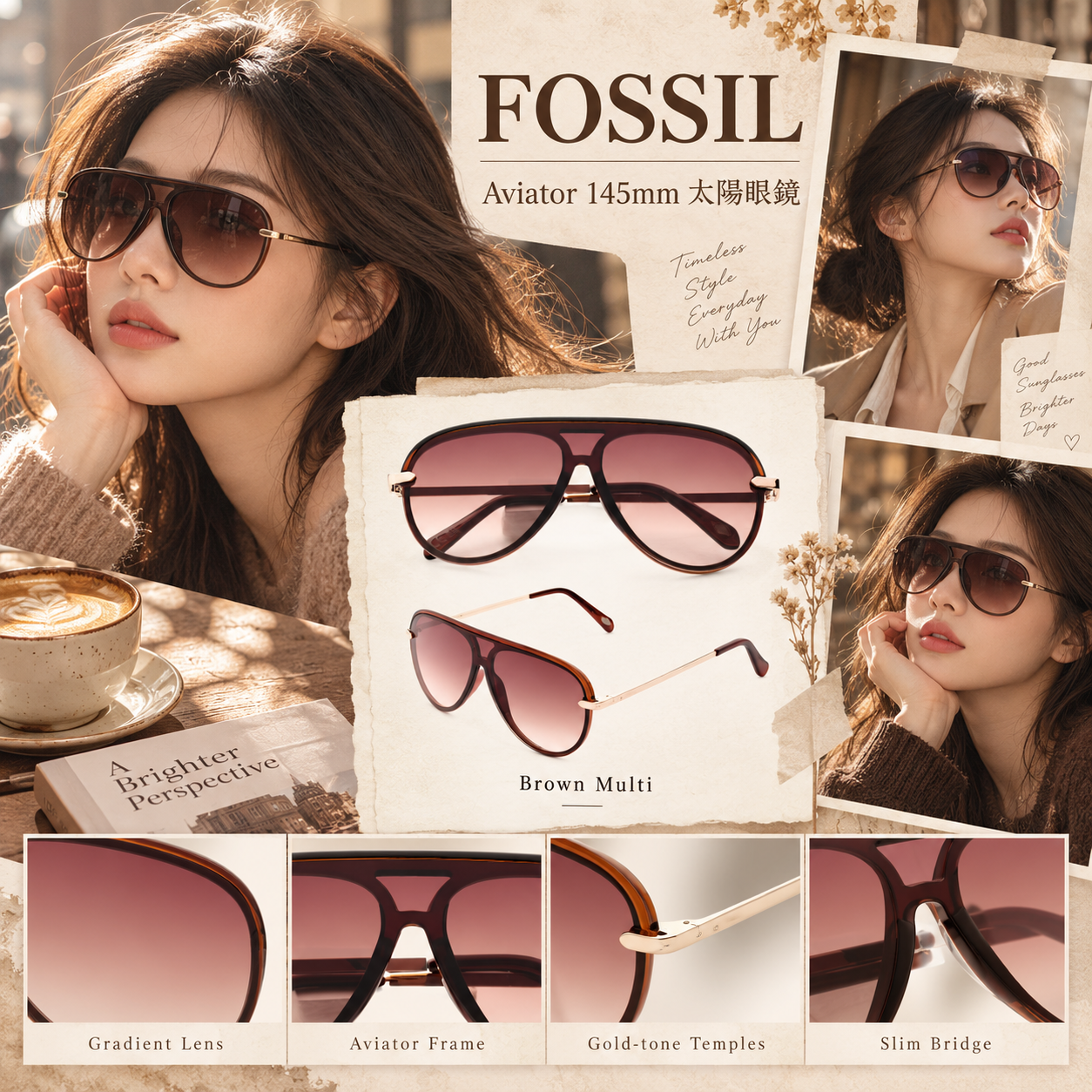 【預購】FOSSIL N092953 Aviator 145mm 太陽眼鏡 (啡色漸變)