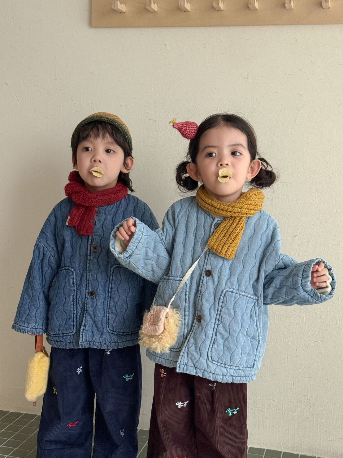 🍁 冬裝 ꒱ 兄弟姐妹 牛仔感 波浪線條 鋪棉厚外套   ꕀꕀ