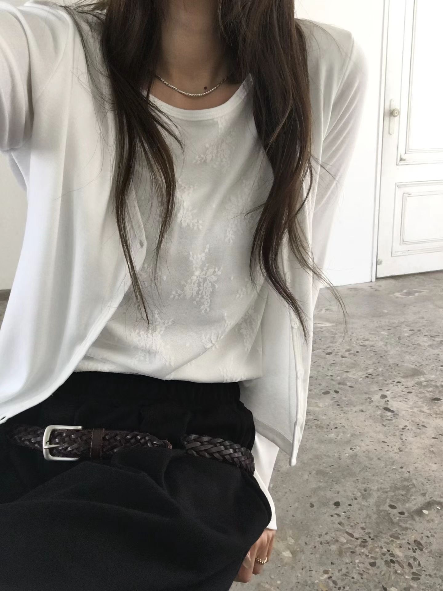 蕾絲裏假兩件長袖T