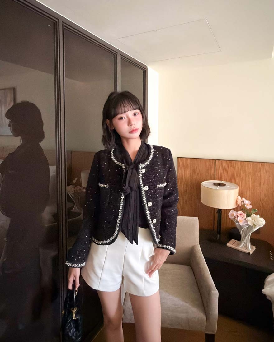 LINA LINA千金風華亮片銀蔥混毛呢珠寶釦外套-貴氣黑