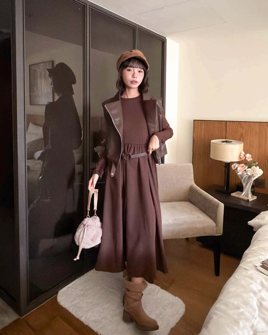 LINA LINA時髦品格皮革背心連身裙腰帶三件組-摩卡咖