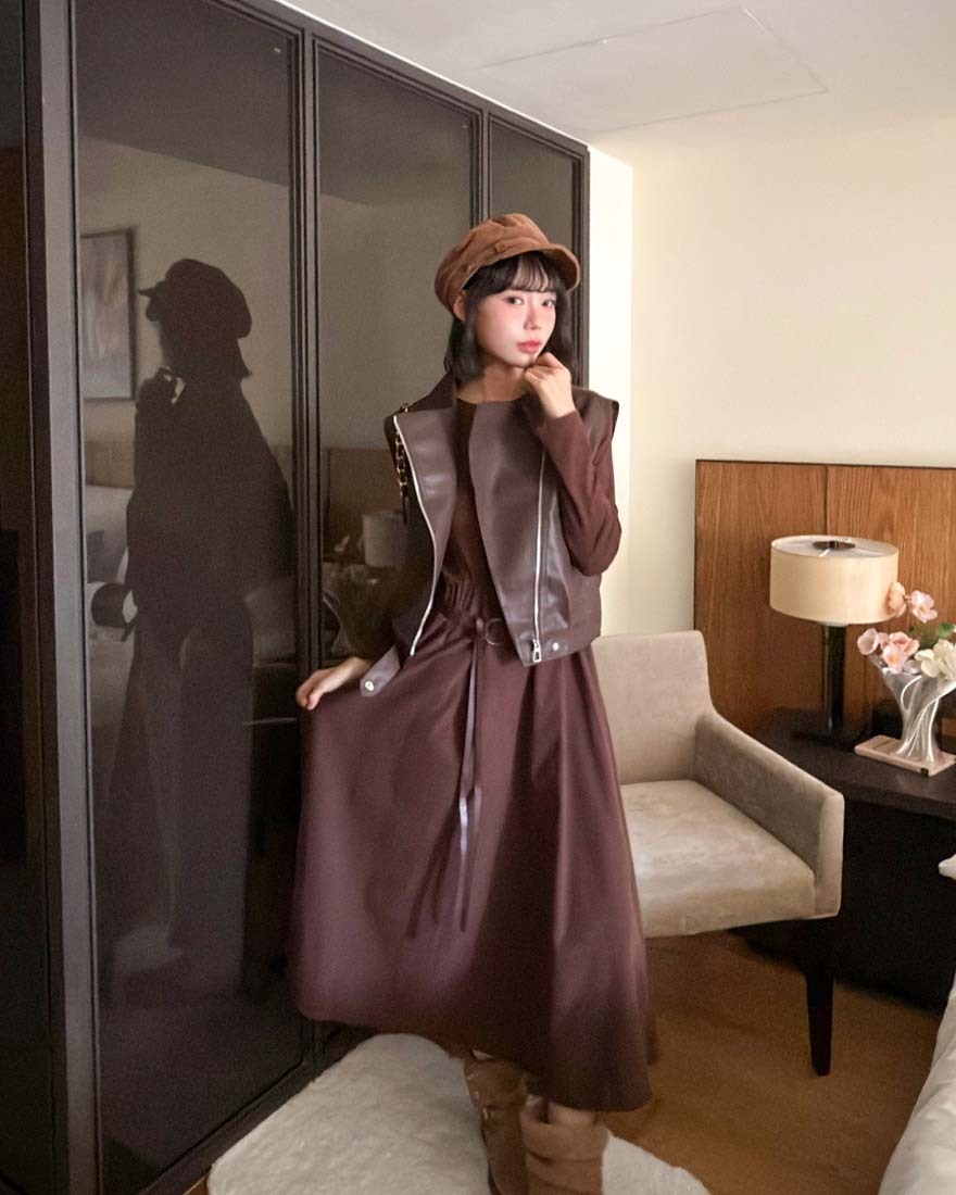 LINA LINA時髦品格皮革背心連身裙腰帶三件組-摩卡咖