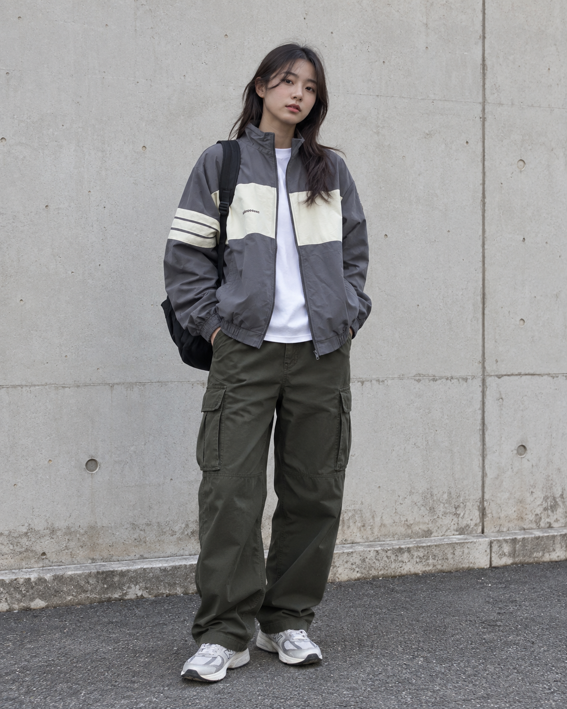 女生灰白拼接外套搭配軍綠工裝褲