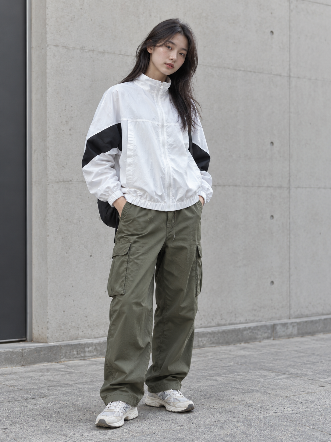 女生白黑拼接外套搭配軍綠工裝褲