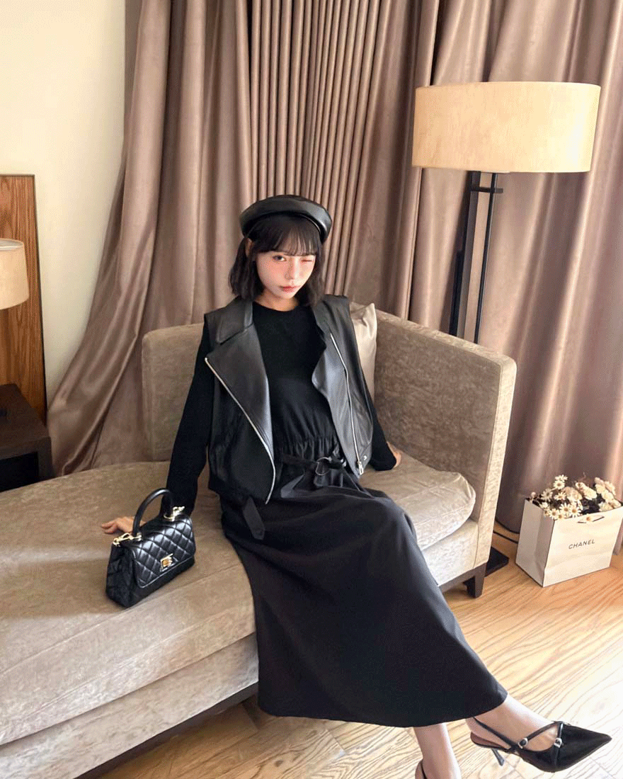 LINA LINA時髦品格皮革背心連身裙腰帶三件組-時尚黑