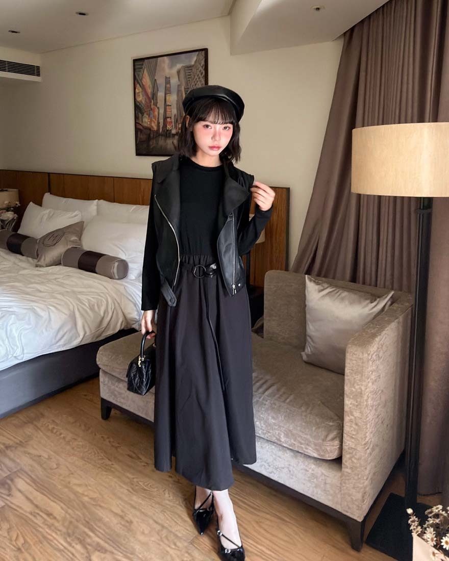 LINA LINA時髦品格皮革背心連身裙腰帶三件組-時尚黑