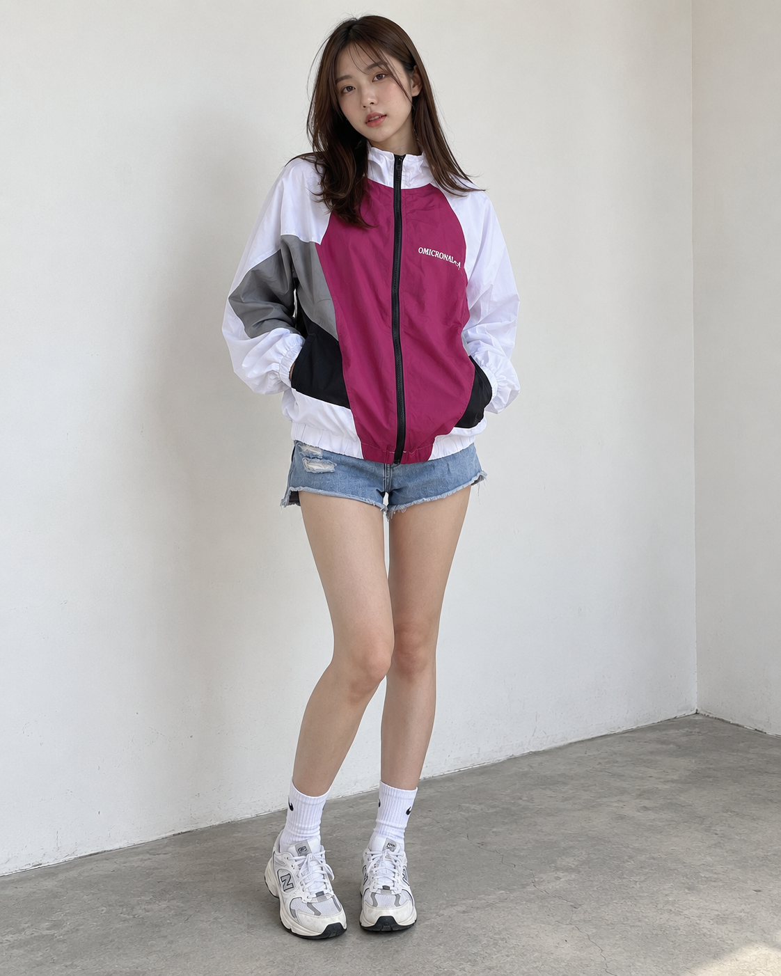 女生酒紅白黑拼接外套搭配牛仔短褲