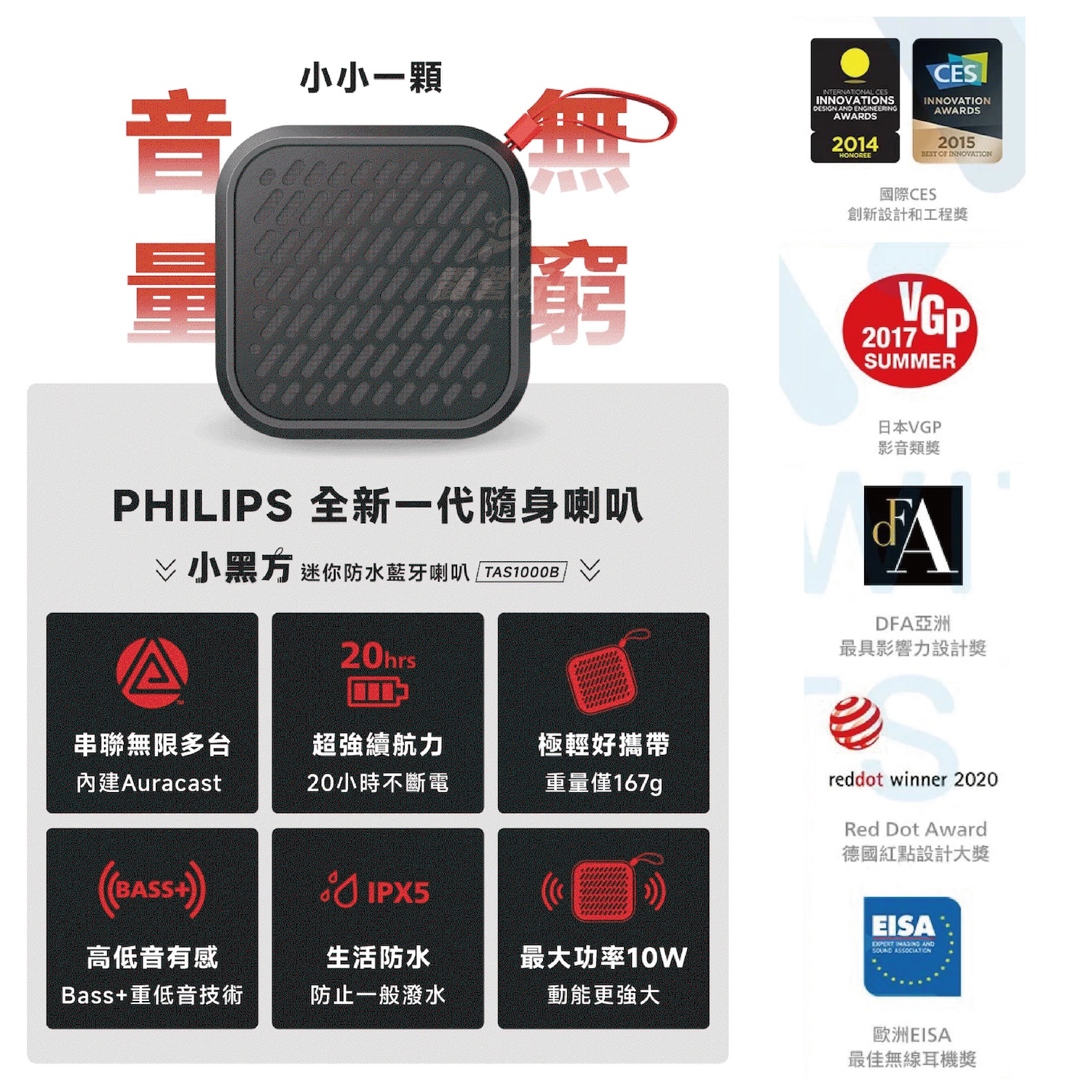 【Philips 飛利浦】 小黑方 迷你防水藍牙喇叭 TAS1000B