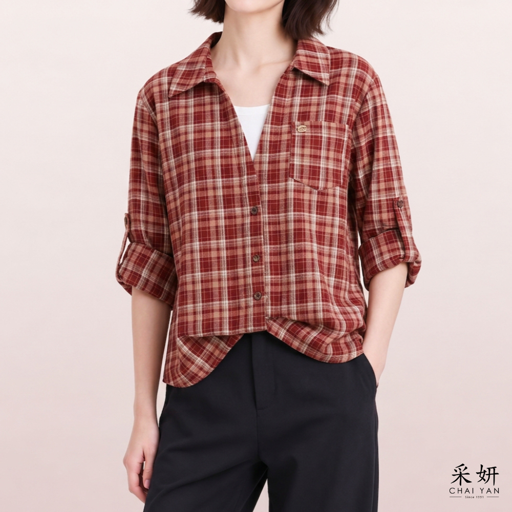 格紋假兩件襯衫長袖上衣