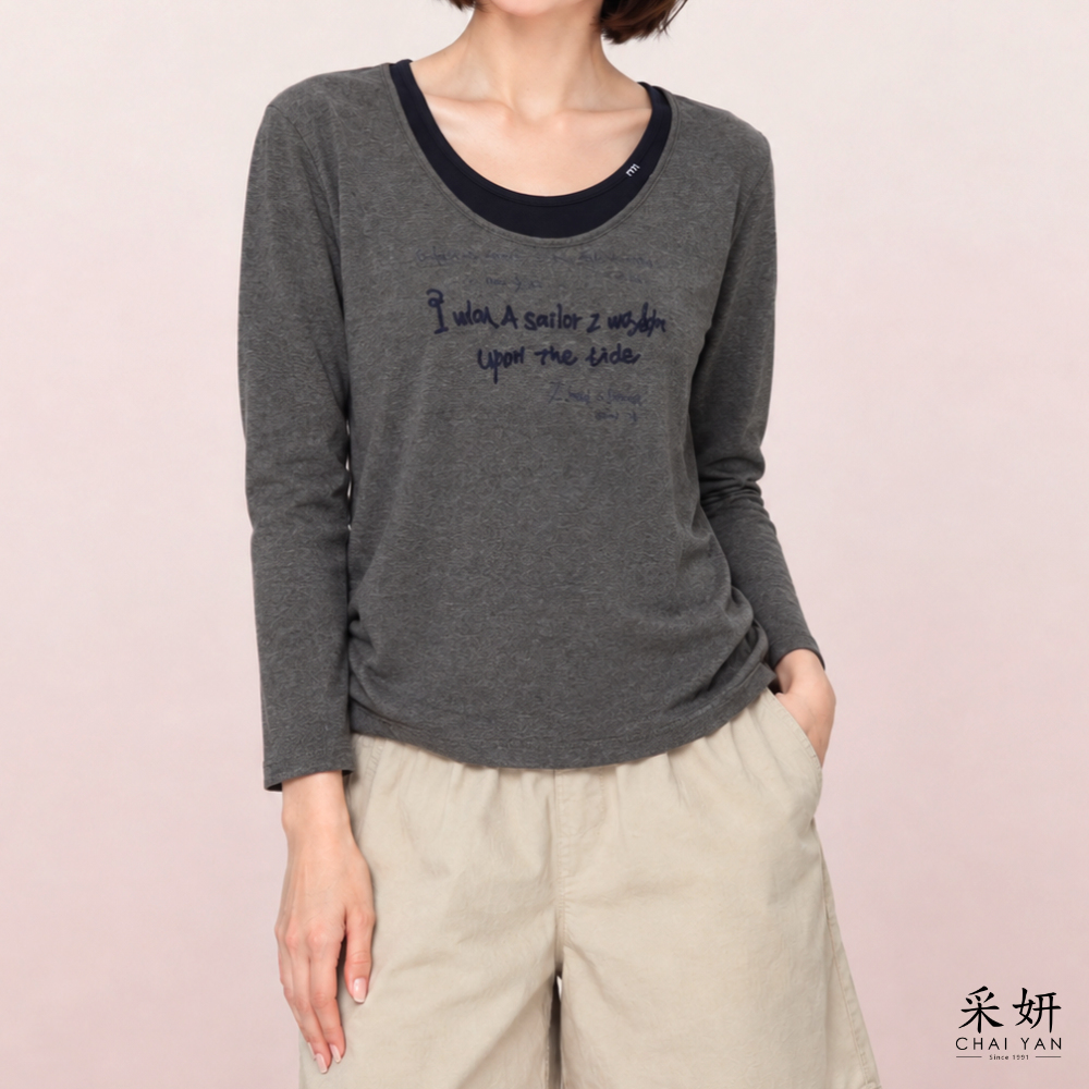 刺繡字母假兩件長袖上衣