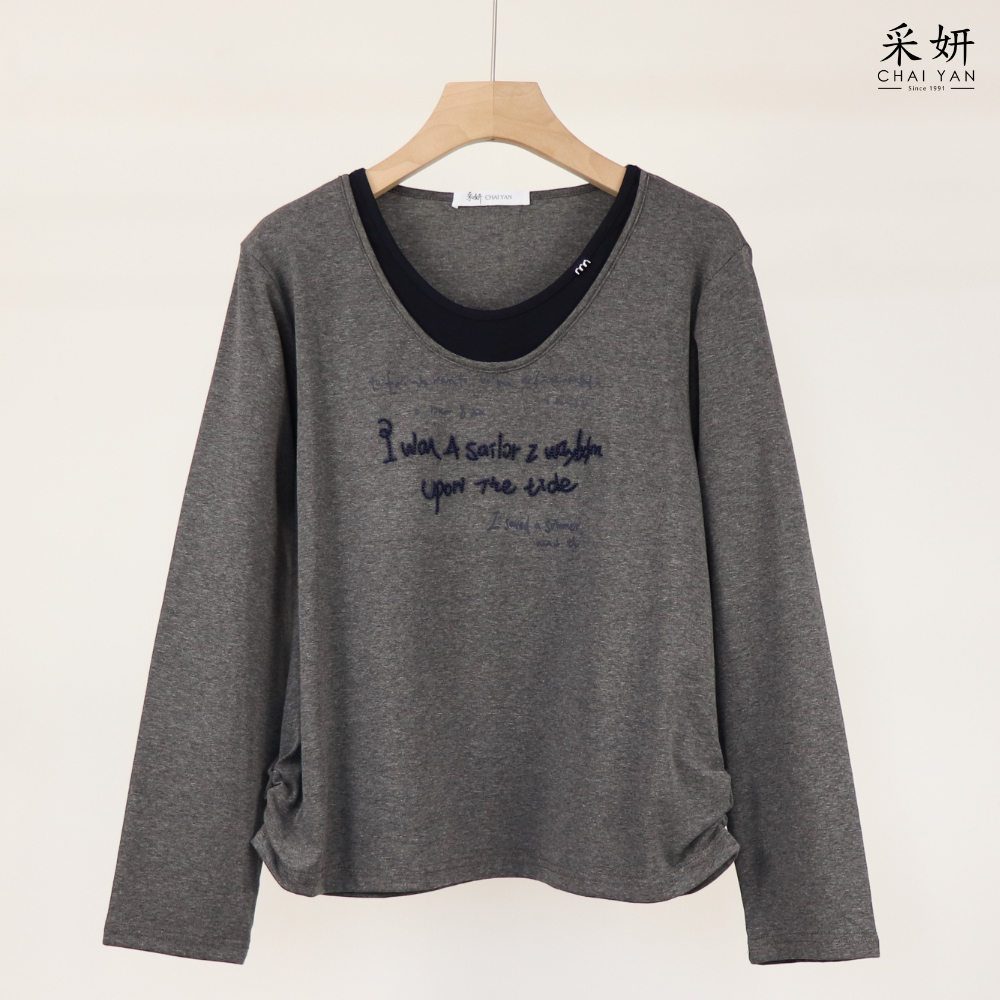 刺繡字母假兩件長袖上衣