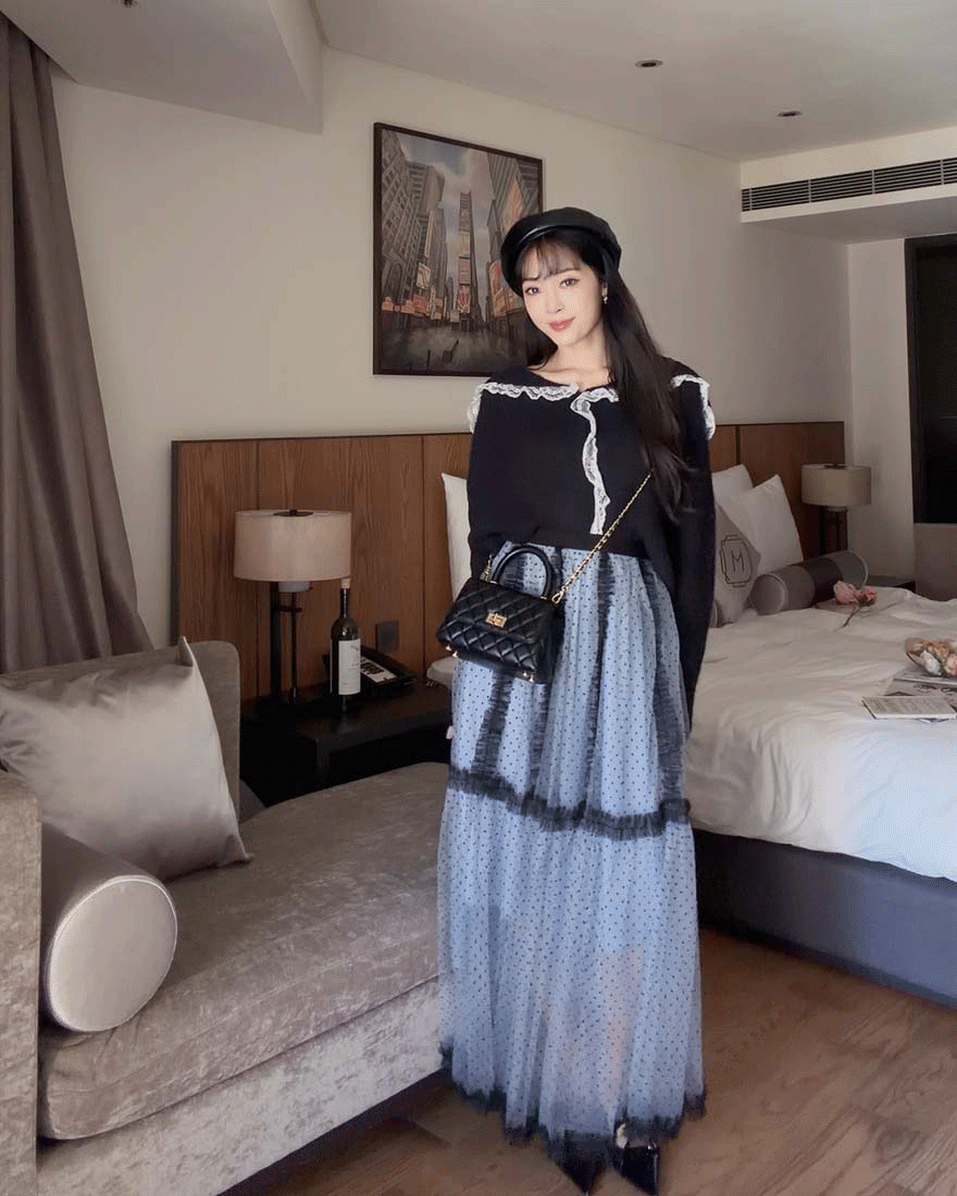 LINA LINA法式浪漫撞色波點壓褶網紗鬆緊長裙-柔美藍